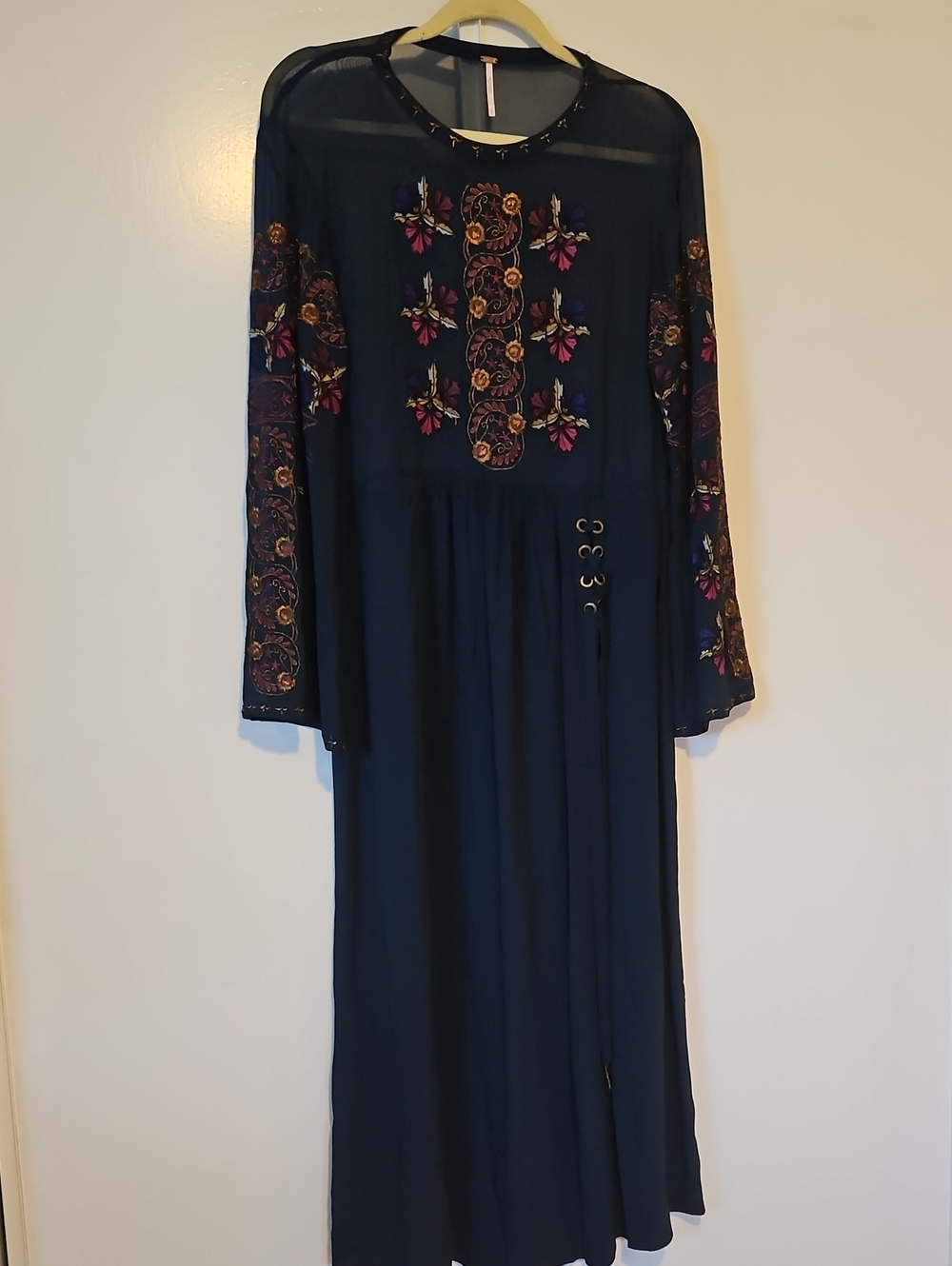 Free People Navy Maxi Dress with Multicolor Floral Embroidery